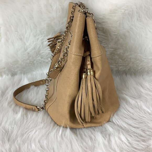 Eric Javits Beige Tan Leather Gold Tone Chain Tassel Bag - Picture 4 of 9